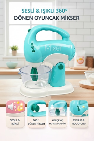 Sesli Işıklı Pilli 360 Derece Dönen Full Fonksiyon Mikser- Pilli Mixer Oyuncak Mikser Hamur Makinesi Mavi