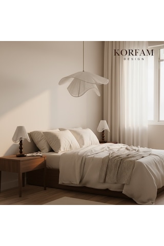 Breeze Modeli Beyaz Avize & Abajur Set - Hasır El Yapımı Bohem Avize 2'li Ahşap Ayaklı Rustik Abajur Set Beyaz