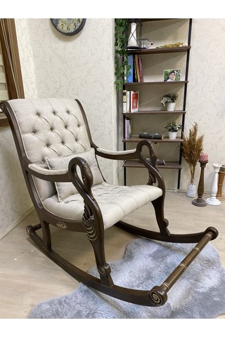 Asedia Vintage Kuğu Ceviz Krem El Oyması Ahşap Sallanan Sandalye Dinlenme Koltuğu