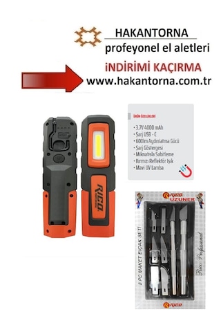 Rico Şarjlı Led Lamba Fener Işıldak Kampçı Tamirci Lambası 6oo Lümen 013-rc0031 Beyaz