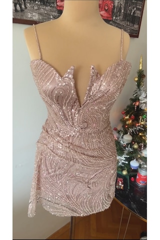 Chica Rosa Fashion Pul İşlemeli Göğüs Dekolteli Kısa Elbise Bronz