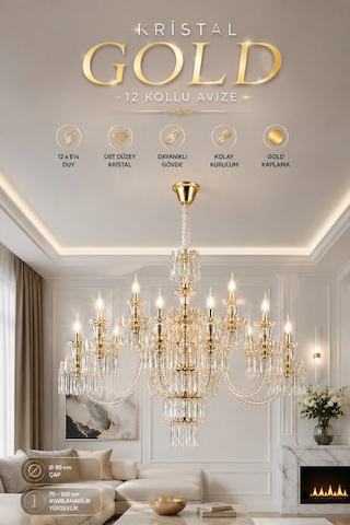 Modern Premium Şık Detaylı Klasik 12'li Gold Avize E14 Duylu Lüks Salon Avizesi Aydınlatma