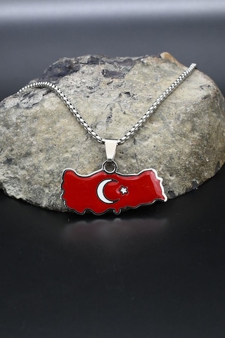 Türk Bayrağı - Ay Yıldızlı Mineli Kolye Paslanmaz Çelik Zincir 902296 Gümüş