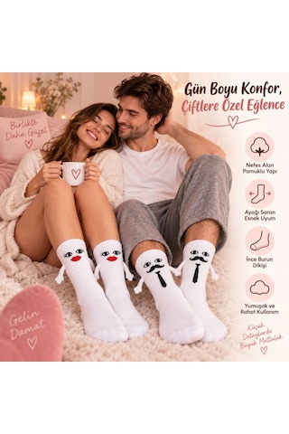 Womanandkids Wak Mıknatıslı Gelin Damat Çorabı 2 Çift El Ele Tutuşan Düğün Çeyiz Bohça Eğlenceli Set Beyaz