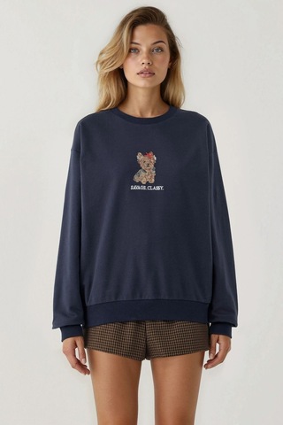 Hiccup İşlemeli Yuvarlak Yaka Sweatshirt Lacivert