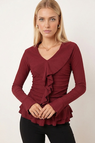 Armonika Kadın Bordo Yakası Fırfırlı Kolları Volanlı Büzgülü Bluz Arm-26k001079