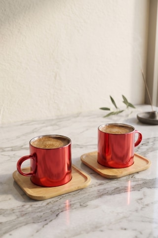4 Parça 2 Kişilik Bambu Altlıklı Metalik Kırmızı Cam Kahve Fincan Takımı 100 Ml