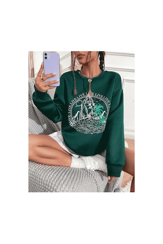 Tarzsokak Haki Live Özel Renkli Oversize Bisiklet Yaka Pamuklu Sweatshirt Haki