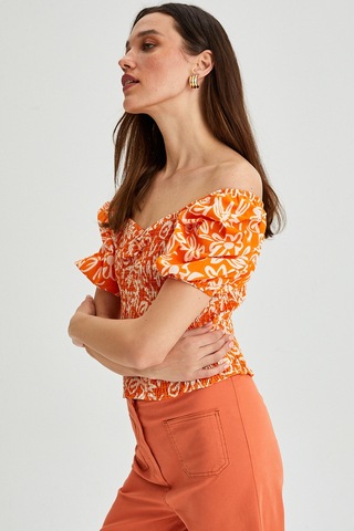 Kadın Çiçek Desenli Gipe Detay Balon Kol Crop Bluz Oranj