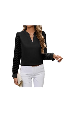 İlkbahar Ve Sonbahar Kadın Gömlek Bluz Moda Ekleme Düz Renk Bluz Uzun Kollu Üstler Siyah