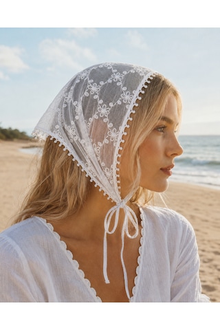 Haki Store Dantel Bandana Beyaz Çiçek Desenli Transparan Bel Bandanası Saç Ve Bel Aksesuarı