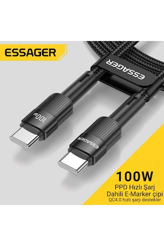 Essager 3 Metre Pd 100w Qc4.0 Süper Hızlı Type C To Type C Şarj Data Kablosu, Akım,ısı, Batarya Korumalı