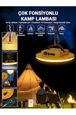 D83-1 Şarjlı Manyetik Kamp Lambası Powerbank Özellikli Led Işık Taşınabilir Çadır Aydınlatma Siyah