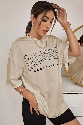 Unisex California Baskılı Tasarım Tshirt Bej