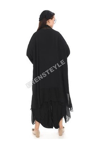 Italyan Büyük Beden Ipek Detaylı Oversize Kaftan & Bluz-9896 Siyah