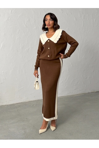 Kadın Bebe Yaka Triko Takım Kahverengi