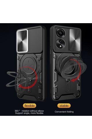 Oppo A78 4g Cd Doku Sürgülü Cam Kalkanı Manyetik Tutucu Telefon Kılıfı