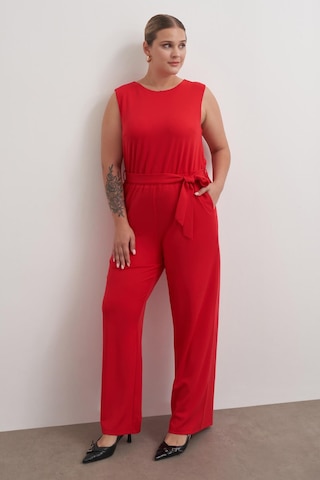 Pencere Detaylı Cepli Örme Tulum-6180 Kırmızı