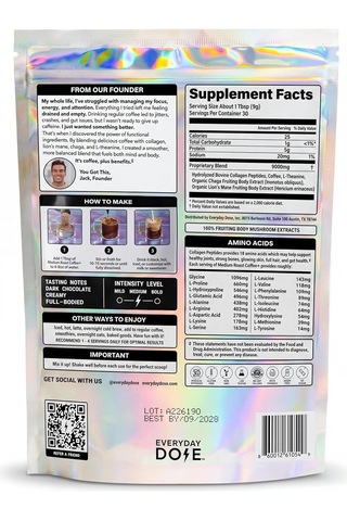 Everyday Dose 90 Mg Caffeıne,5000 Mg Collagen,l-theanine,chaga,lion's Mane Premium Coffee 30 Serving