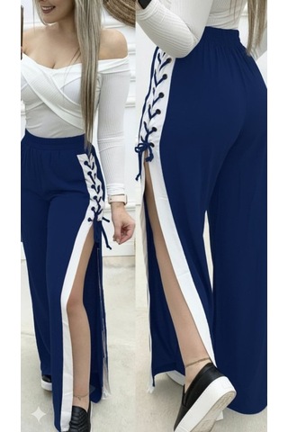 Tua Moda Kadın Yüksek Bel Yandan Çapraz Bağcıklı Yırtmaçlı Viskon Iki Iplik Pantolon Lacivert