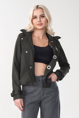 Bold & Young Kadın Viskon Polyester Likralı Kumaş Kol Ucu Toka Bantlı Kuş Gözü Aksesuarlı Çıt Çıtlı Cepli Ceket Haki