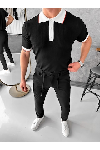 Modefendi Yüksek Kalite Desenli Polo Yaka Tshirt Siyah