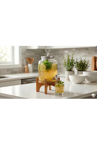 Znv Zenvia Mey İthalat Geyik Figürlü Gümüş Lüks Cam İçecek Sebili - 3.6 Litre Bambu Standlı Meyve Suyu Kovas