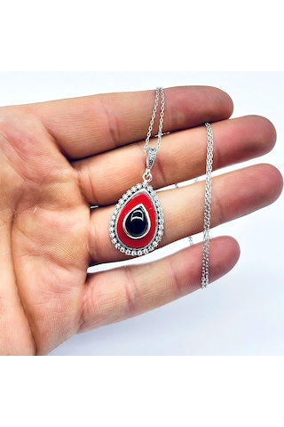 Zirkon Mine Ve Oltu Taşı İşçilikli 925 Ayar Gümüş Kolye Kırmızı