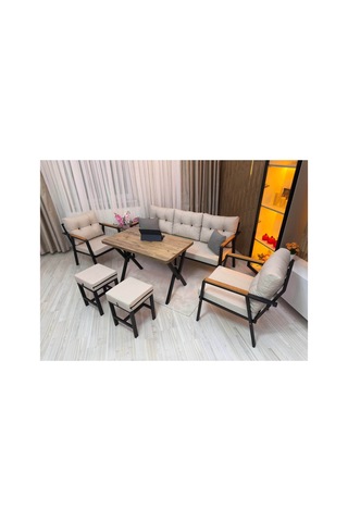 Houseart Dora 3 -1 - 1 + Masa + 2 Adet Puf , Balkon, Bahçe, Teras, Cafe - Salon - Metal Kanepe Koltuk Takımı , Çay Seti Krem