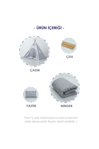 Yıldız Desen, Ahşap Direkli, Pencereli Doğal Ev-bahçe Çocuk Oyun Çadırı, Gri
