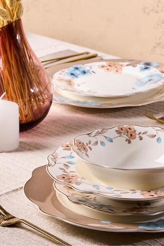 Porselen Flore Bone 24 Parça 6 Kişilik Yemek Takımı Desenlı Desenli