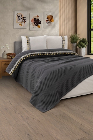 Çift Kişilik 4 Parça Püsküllü Havuz Pike Takımı Antrasit