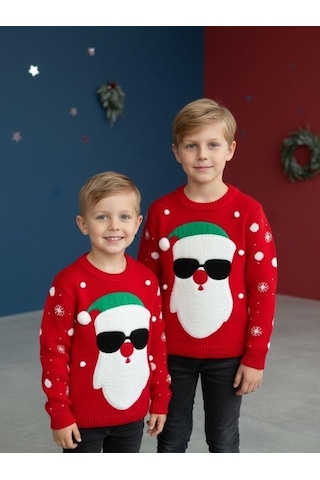 Zekids Çocuk Yılbaşı Temalı Noel Babalı Kırmızı Kazak-16584 Kırmızı