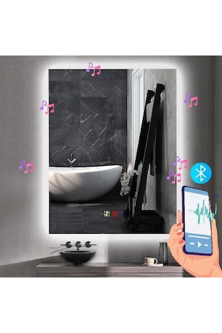 50x70 H Cm Bluetoothlu Buğu Çözücülü Dokunmatik Işıklı Ledli Banyo Aynası Şeffaf