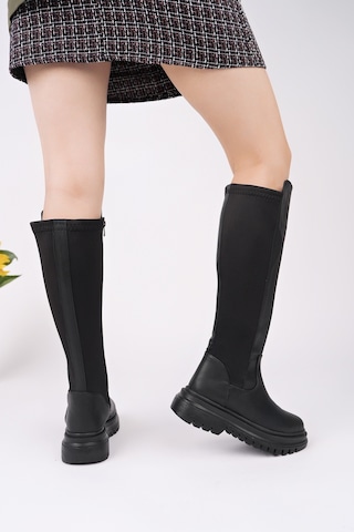 Muggo Nerox Kalın Taban Streç Detaylı Fermuarlı Kadın Çizme - Siyah