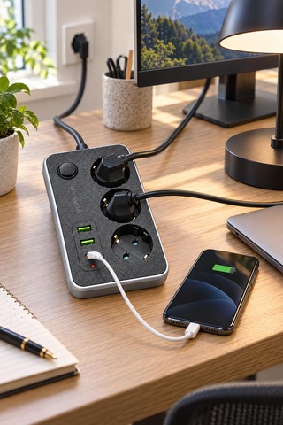 Termal Akım Korumalı Uzatma Kablosu 2 Metre Kablolu 3 Lü Priz 3 Usb Giriş 2.1 A Isıya Dayanıklı Çocuk Koruması 2500watt Ev Ofis