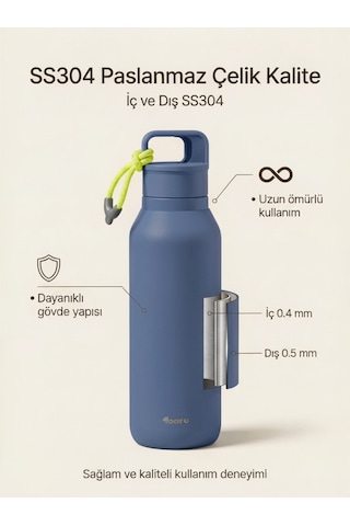 Çelik Termos 560 Ml Paslanmaz Çelik Çift Duvarlı Sızdırmaz Kapaklı Askılı Taşınabilir Sıcak Soğuk Termos - Mavi Lacivert