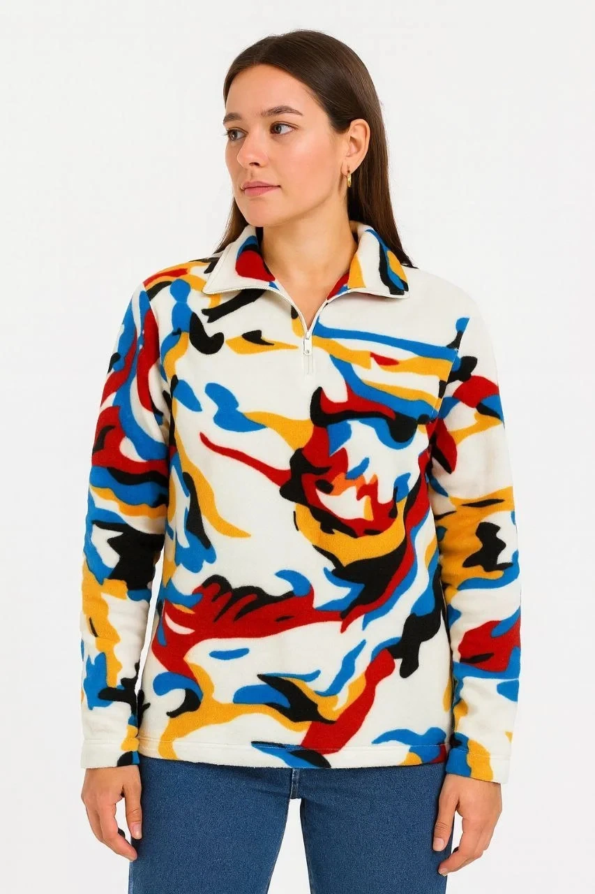 Kadın Yarım Fermuarlı Desenli Polar Sweat Renkli Abstract Desen Yakalı, Uzun Kollu, Oversize Rahat Beyaz