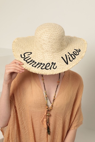 Bej Summer Vibes Yazılı Hasır Şapka Bej