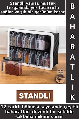 Dayanıklı Sert Plastik Şeffaf Kaplı Mutfak Çok Şık Modern Standlı Kaşıklı 12'li Özel Baharatlık Seti Çok Renkli