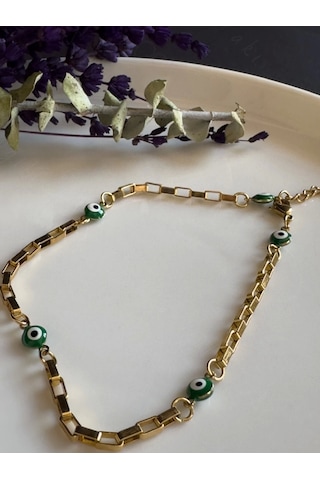 Sevgili Takı Yeşil Nazar Boncuklu Gold Çelik Halhal Allure Serisi Altın