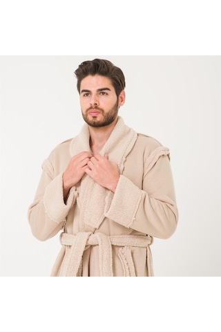 Miespiga Sherpa Suni Yünlü Teddy Peluş Erkek Sabahlık-Bej