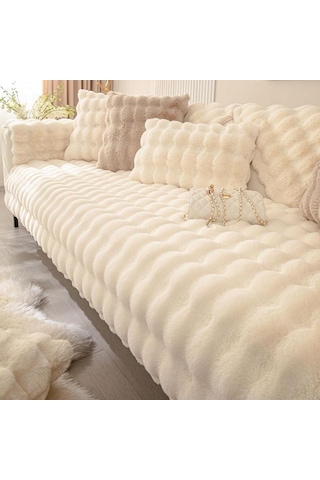 Yapay Tavşan Kürk Kanepe Örtüsü Kaymaz Ve Toz Geçirmez Kalın Yumuşak Kanepe Örtüsü Mobilya Koruyucu Beyaz