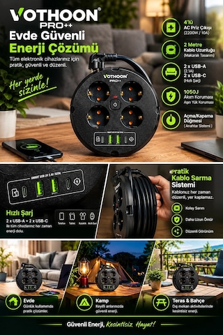 4 Lü Priz Makarası 2 Metre Kablolu, 2 Usb-a + 2 Usb-c Şarj Çıkışlı, Açma/kapama Düğmeli, 2200w 10a 1