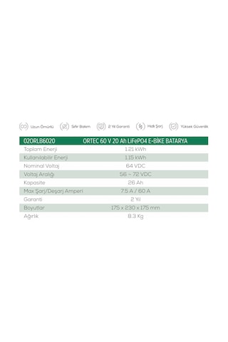 Ortec Lifepo4 Batarya 60v 15ah
