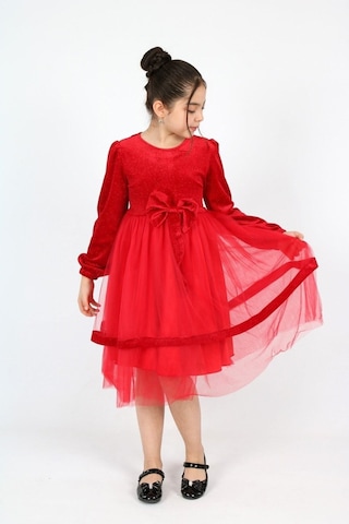 Kız Çocuk Kadife Kumaş Tül Detaylı Diz Boyu Tokalı Elbise Kırmızı