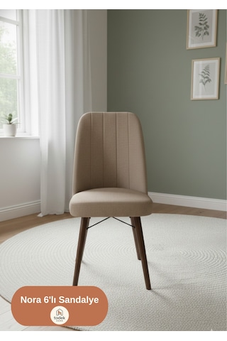 Nora 6 Adet Sandalye - Keten Kumaşlı Sandalye Modern Ahşap Ayaklı Yemek & Çalışma Sandalyesi Minimal Tasarım Cappuccino