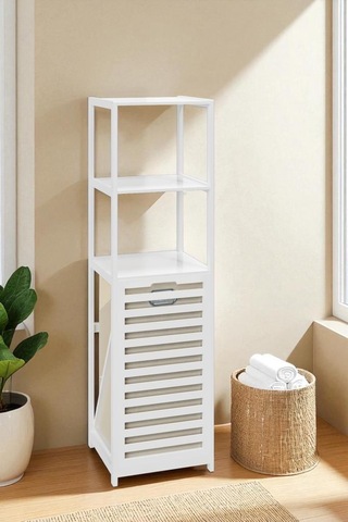Digithome Bambu Beyaz Mat Lake Kirli Sepetli 3 Raflı Banyo Düzenleyici Çamaşır Sepeti Db-0019 Kahverengi