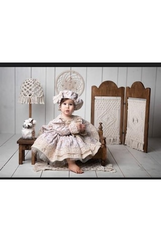 H L Y Karol Tasarım Vintage Model Çiçekli Elbise - Çocuk Abiyesi - Doğum Günü Kıyafeti 0-12 Yaş İçin Uygun KREM