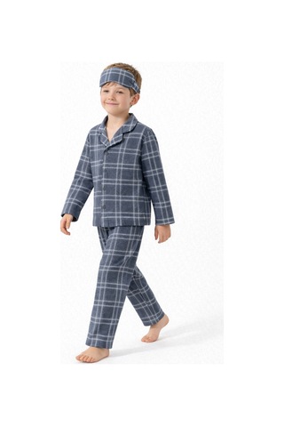 Beka Kids Erkek Çocuk Önden Düğmeli Kareli Pijama Takımı - Göz Bantlı Gri